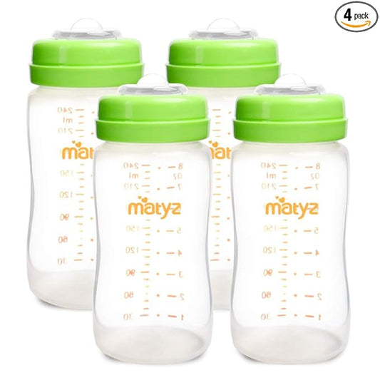 Matyz 4-PACK Breastmilk Storage Bottles With Lids (Green, 8oz Each) - Wide Mouth Breastmilk Collection Storage Bottle - Leakproof Breast Pump Bottle for Spectra Medela Philips Breast Pumps