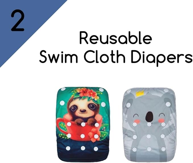 KaWaii Baby Swim Cloth Diapers, Washable Reusable One Size Adjustable to Fits 10-40 lbs Boy & Girl Baby Shower Gifts Swimming Lessons 2-Pack Sloth & Bear