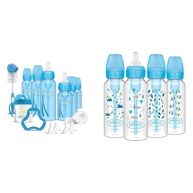 Dr. Brown's Natural Flow Anti-Colic Options+ Special Edition Blue Baby Bottle Gift Set & Natural Flow Anti-Colic Options+ Narrow Baby Bottles, Nature Designs, 8oz/250mL