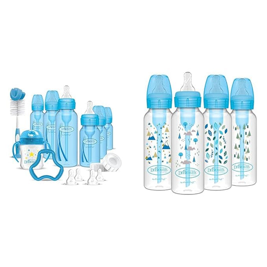 Dr. Brown's Natural Flow Anti-Colic Options+ Special Edition Blue Baby Bottle Gift Set & Natural Flow Anti-Colic Options+ Narrow Baby Bottles, Nature Designs, 8oz/250mL