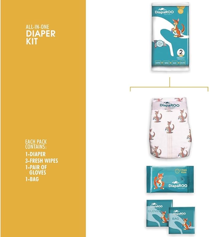 DiapaROO All-in-One Travel Diaper Changing Kit – 5-in-1 Kit Disposable Diaper, Wipes, Gloves & Disposal Bag – Pocket-Sized Emergency Kit for On-The-Go Parents – Compact Disposable Changing Size 3