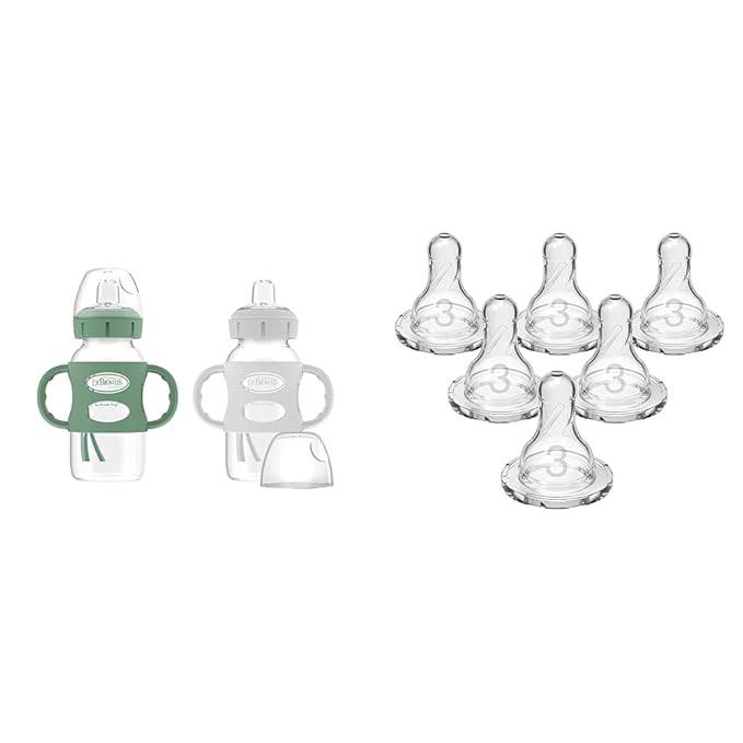 Dr. Brown's Milestones Wide-Neck Sippy Bottle 2-Pack with Silicone Handles & Dr. Brown’s Natural Flow Level 3 Narrow Baby Bottle Silicone Nipples, 6 Pack