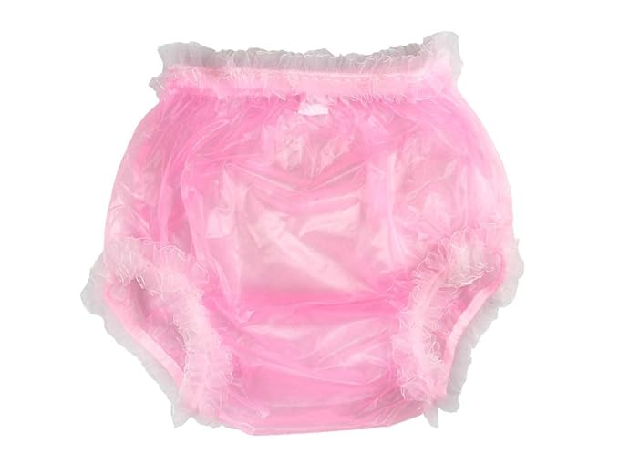Haian Adult Incontinence Pull-on Plastic Pants Lace Panties with White Lace (XX-Large, Transparent Pink)