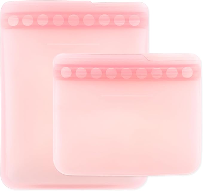 Bumkins - Silicone Snack & Sandwich Bags - For Storage, Food Prep, Lunch Bag - Reusable, Leak Resistant, Washable, Microwave, Freezer & Dishwasher Safe - 2 pack - Pink