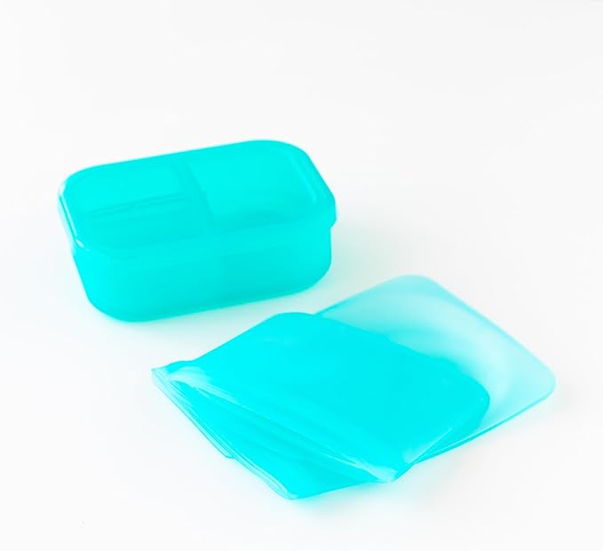 Bumkins - Silicone Bento Box & Reusable Snack Bag Set - 3 Sections & Leak-Proof Lid - Food Safe - 2 Zip Bags - Washable, Microwave, Freezer & Dishwasher Safe - 3 pack - Blue
