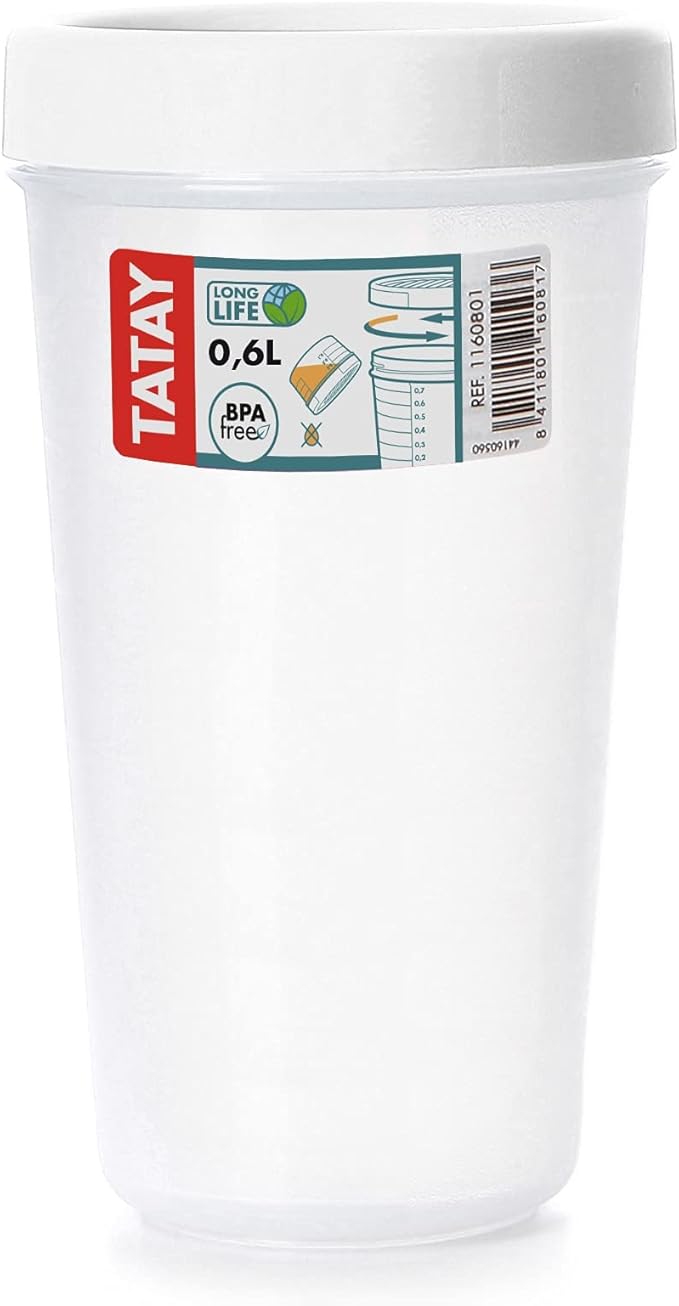 TATAY Food Storage, Airtight, 0.6L of Capacity, Screw Lid, BPA free, Suitable Microwave and Dishwasher, White. Measures: 8,5 x 8,5 x 16,5 cm, 1160801