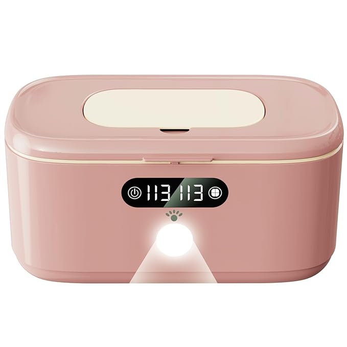 Wipe Wamer for Vehicle and Home Use, Baby Wet Wipes Dispenser and Diaper Wipe Warmer with Night Light,Temperature Display,No Need Water and Sponge, ℉ and ℃ Convertible (Pink, 110-240V)