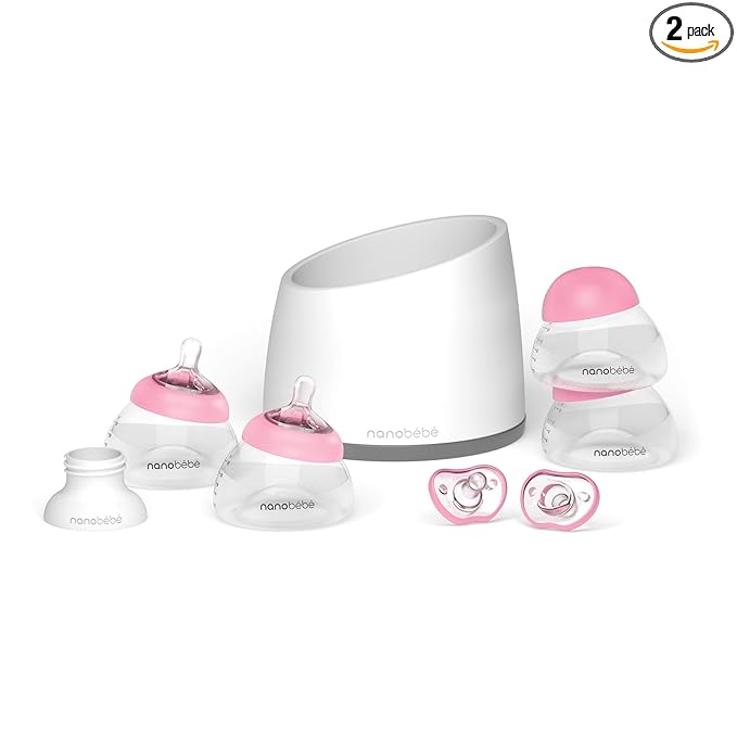 Nanobebe Breastmilk Baby Bottle Anti-Colic Starter Set with Silicone Pacifiers, Bottle Warmer, Breast Pump Adapter, and Slow Flow Nipples - 5 oz - Pink/Grey
