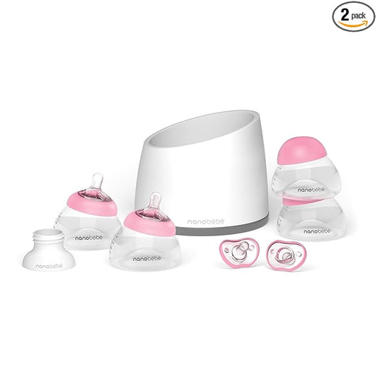 Nanobebe Breastmilk Baby Bottle Anti-Colic Starter Set with Silicone Pacifiers, Bottle Warmer, Breast Pump Adapter, and Slow Flow Nipples - 5 oz - Pink/Grey