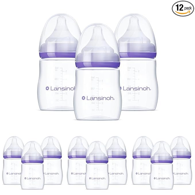 Lansinoh Anti-Colic Baby Bottles for Breastfeeding Babies,5 Ounces,Includes Slow Flow Nipples,Size S,(Pack of 12)