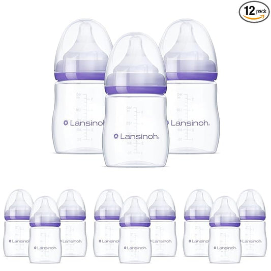 Lansinoh Anti-Colic Baby Bottles for Breastfeeding Babies,5 Ounces,Includes Slow Flow Nipples,Size S,(Pack of 12)