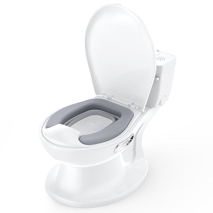 2-in-1 Toddler Potty Training Toilet, Baby Potty Training Toilet with Real Feel Flush & Wipes Storage, Portable Non-Slip Children Toilets Chair with Paper Holder