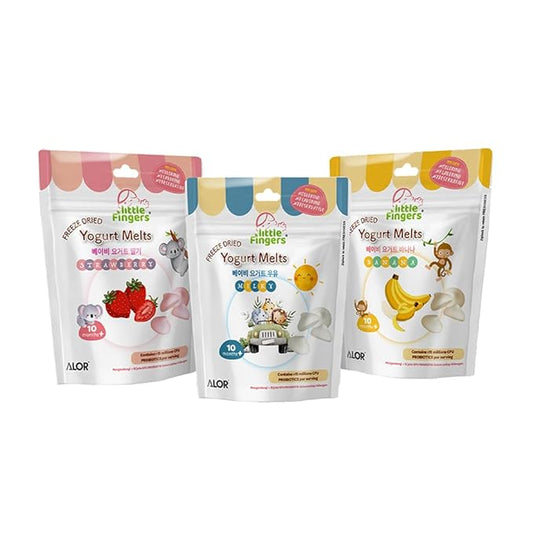 ALOR Little Fingers Baby Yogurt Melts Variety Pack – Banana, Strawberry & Milk – Freeze-Dried Snacks for Babies 10+ Months – No Preservatives – Probiotics, (15 Grams x 9 Packs - Variety Pack).