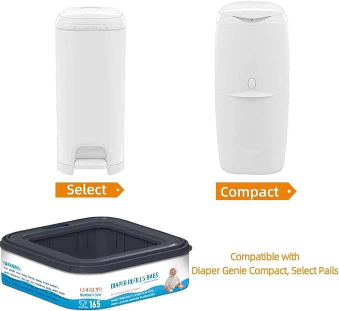 6 Packs-Square Starter Refills Disposal Bags Refill Compatible with Diaper Genie Classic, Compact and Select Pails, Hold Up to 165 Newborn-Sized Diapers Per Refill