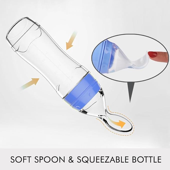 Matyz 2-Piece Silicone Baby Food Dispensing Spoon Set (Blue, 4oz/120ml) - Stand-Up Squeezable Bottle Feeder with Spoon - BPA Free, Silicone, 4+ Months