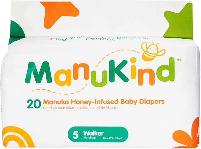 ManuKind Baby Diapers, Manuka Honey Infused, Ultra Soft, Plant-Based Materials, Quick-Dry Comfort, Leak Guard Protection, Size 5 – 20 Diapers