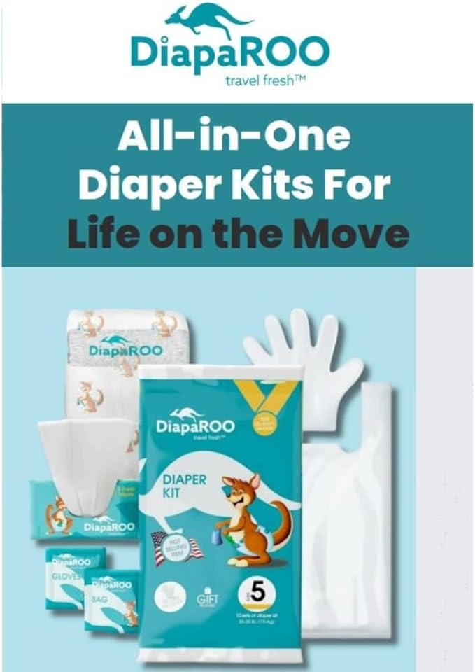 DiapaROO All-in-One Travel Diaper Changing Kit – 5-in-1 Kit Disposable Diaper, Wipes, Gloves & Disposal Bag – Pocket-Sized Emergency Kit for On-The-Go Parents – Compact Disposable Changing Size 3