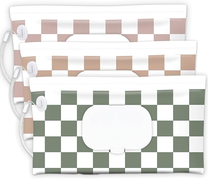 cephira Baby Wipe Holder, 3-Pack Portable Refillable Wipe Dispenser, Waterproof & Dustproof Travel Baby Wipes Case, Reusable Diaper Wipe Container with Checkerboard Design