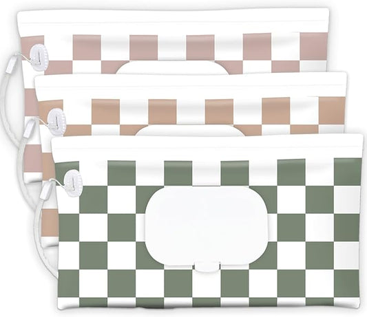 cephira Baby Wipe Holder, 3-Pack Portable Refillable Wipe Dispenser, Waterproof & Dustproof Travel Baby Wipes Case, Reusable Diaper Wipe Container with Checkerboard Design