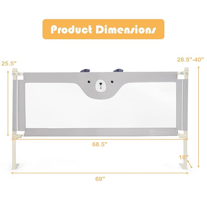 HONEY JOY Bed Rail for Toddlers, 69-in Extra Long, Portable Safety Bed Guardrail w/Double Safety Child Lock, Foldable Baby Bed Rail Guard, Fit King & Queen Full Twin Size Bed Mattress (69 INCH, Gray)