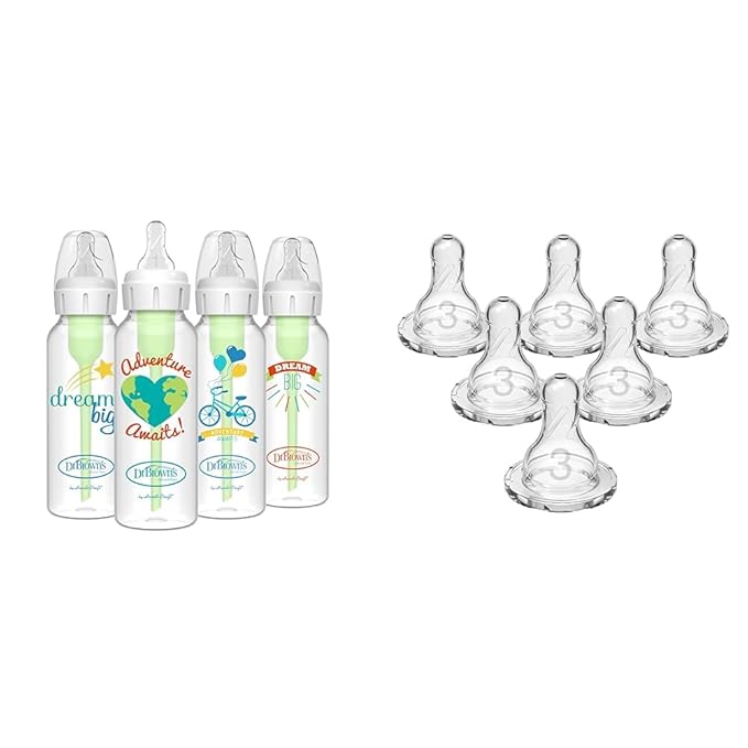 Dr. Brown's Natural Flow Anti-Colic Options+ Narrow Baby Bottles 8 oz/250 mL & Natural Flow Level 3 Narrow Baby Bottle Silicone Nipple, Medium-Fast Flow, 6m+