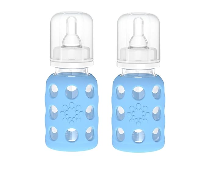 Lifefactory Glass Baby Bottle BPA Free | Protective Silicone Sleeve | 4 oz Pack of 2 | Sky Blue