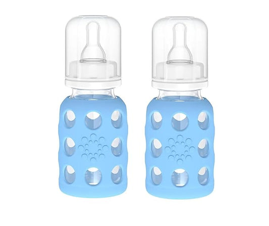 Lifefactory Glass Baby Bottle BPA Free | Protective Silicone Sleeve | 4 oz Pack of 2 | Sky Blue