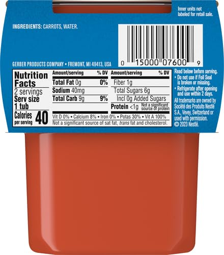 Gerber 2nd Food Baby Food Carrot Puree, Natural & Non-GMO, 4 Ounce Tubs, 2-Pack