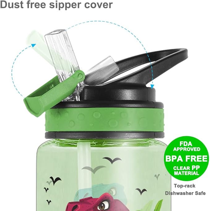 15oz Water Bottle for Kids Girls Boys School, BPA Free, Leak Proof Flip Straw, Carry Loop, Easy Clean - Dinosaur