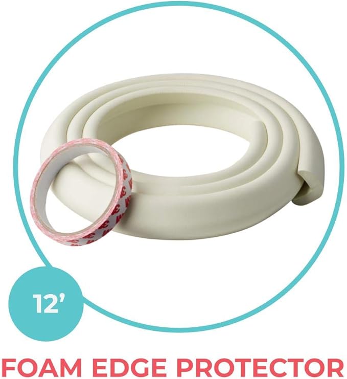 Toddleroo by North States - Foam Edge Protector Set for Baby Proofing: Furniture Corner & Edge Safety Bumpers - 12 Foot Roll of Padding & 4 Corner Protectors - 5 Piece Set - White