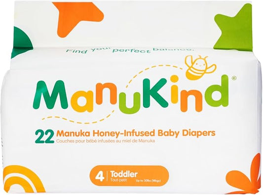 ManuKind Baby Diapers, Manuka Honey Infused, Ultra Soft, Plant-Based Materials, Quick-Dry Comfort, Leak Guard Protection, Size 4 – 22 Diapers