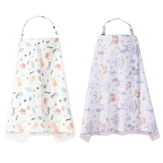 2 Pack Baby Nursing Cover with Wire Hoop Full Privacy Breastfeeding Cover Breathable Light Weight Breastfeeding Apron Cover Car Seat Canopy Summer Cotton Nursing Scarf with Adjustable Buckle