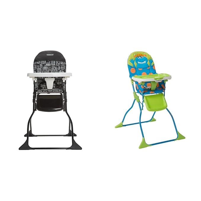 Cosco Simple Fold Full Size High Chair with Adjustable Tray, 28.5x23.5x38.7 Inch (Pack of 1) & Simple Fold Deluxe High Chair with 3-Position Tray, Monster Syd