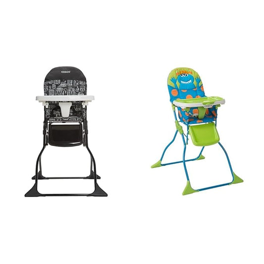 Cosco Simple Fold Full Size High Chair with Adjustable Tray, 28.5x23.5x38.7 Inch (Pack of 1) & Simple Fold Deluxe High Chair with 3-Position Tray, Monster Syd