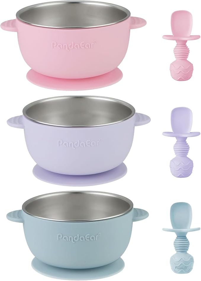 PandaEar 3 Pack Stainless Steel Suction Baby Bowls & 3 Silicone Baby Spoons | Non-Slip Stay Put Bowls & Anti-Choke First Stage Spoons for Toddlers, BPA-Free Baby Led Weaning Set