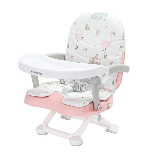 UBRAVOO 2in1 Portable Toddler Booster Seat, Grow with Baby Booster Seat for Dining Table with Removable Tray & Seat Pad, high chair for travel, ACE1013 Pink Flamingos