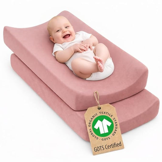 Plush Organic Changing Pad Covers Boy, Girl - GOTS 100% Certified Organic Cotton Changing Table Pad Cover, Baby Nursery Diaper Changing Pad Sheets,Table Contour Pads Liners (Dusty Rose + Dusty Rose)