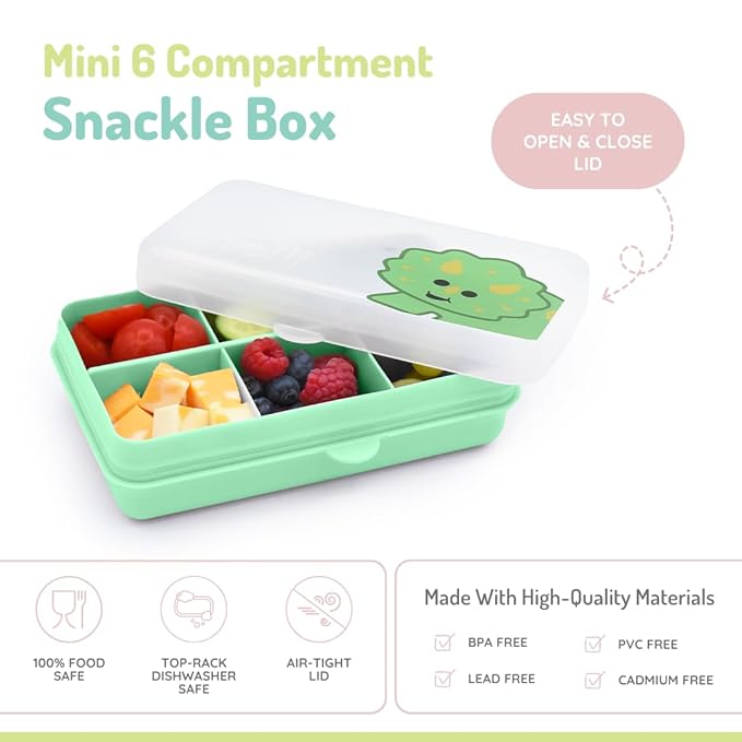 melii Snackle Box | 6-Compartment Divided Snack Container, BPA-Free Food Storage with Removable Dividers for School, Travel & On-the-Go Snacking (Dinosaur)