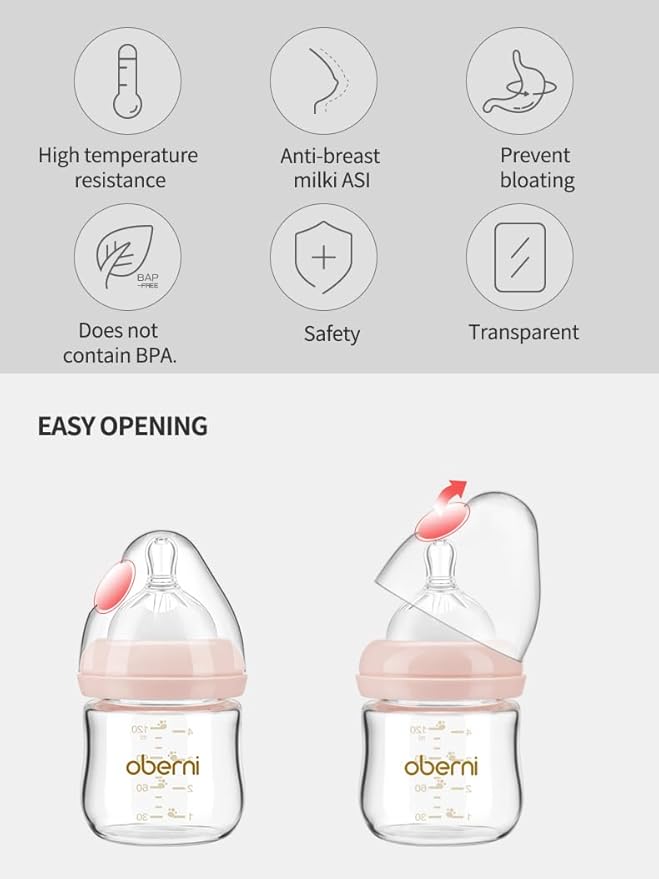 Oberni Glass Baby Bottles,Anti Colic Breastfeeding Bottle with Natural Response Nipple Size S,Wide Neck Slow Flow Baby Bottle for Baby,Newborn,Preemie 0-3 0-6 Month,BPA Free (Pink, 2 Pack, 5 Ounce)