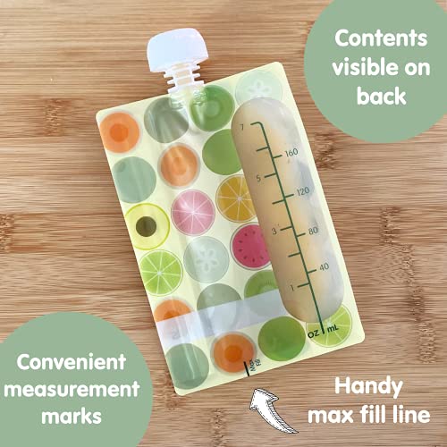 Sage Spoonfuls Reusable Baby Food Pouches - 6 Pack, Baby Food Storage, Pouches Toddler, Refillable Squeeze Pouch for Kids (Fruit Dot), Dishwasher and Freezer Safe, BPA Free