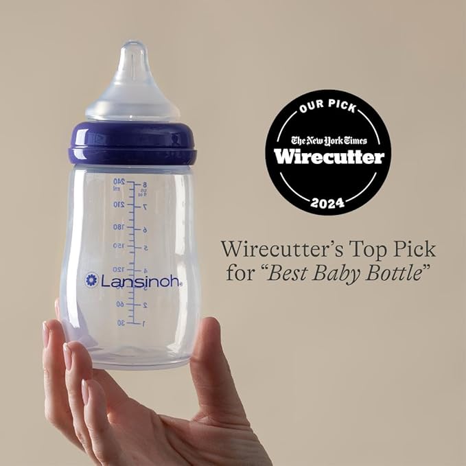 Lansinoh Anti-Colic Baby Bottles for Breastfeeding Babies,8 Ounces,Includes Medium Flow Nipples,Size M,(Pack of 12)