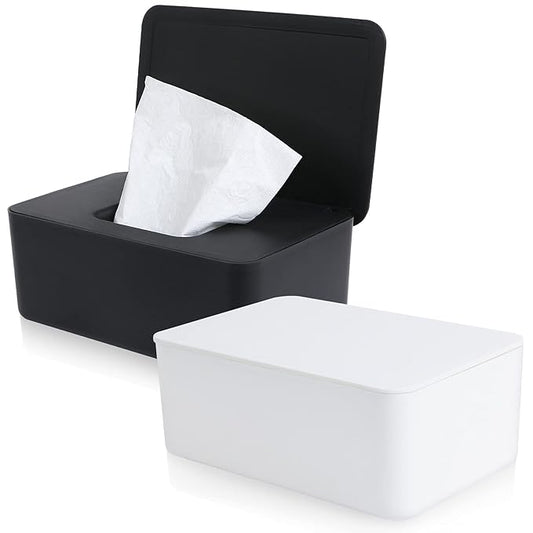 Wet Wipes Storage Box, 2 Pack Wipes Dispenser Holder Tissue Storage Boxes Case with Lid Diaper Wipes Dispenser Box Dustproof Napkin Container with Sealing Design (White, Black)
