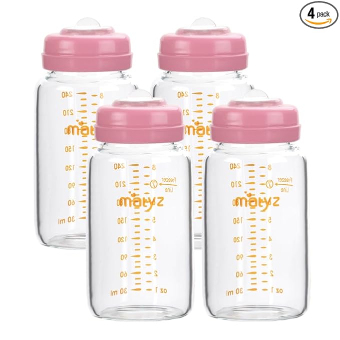 Matyz Glass Breastmilk Storage Containers, 4 Pack, 8 oz Bottle, Fit with Spectra Medela Philips Avent Pump - Wide Mouth Breastmilk Collection and Storage Bottle with Lids - No BPA (Pink Lids)