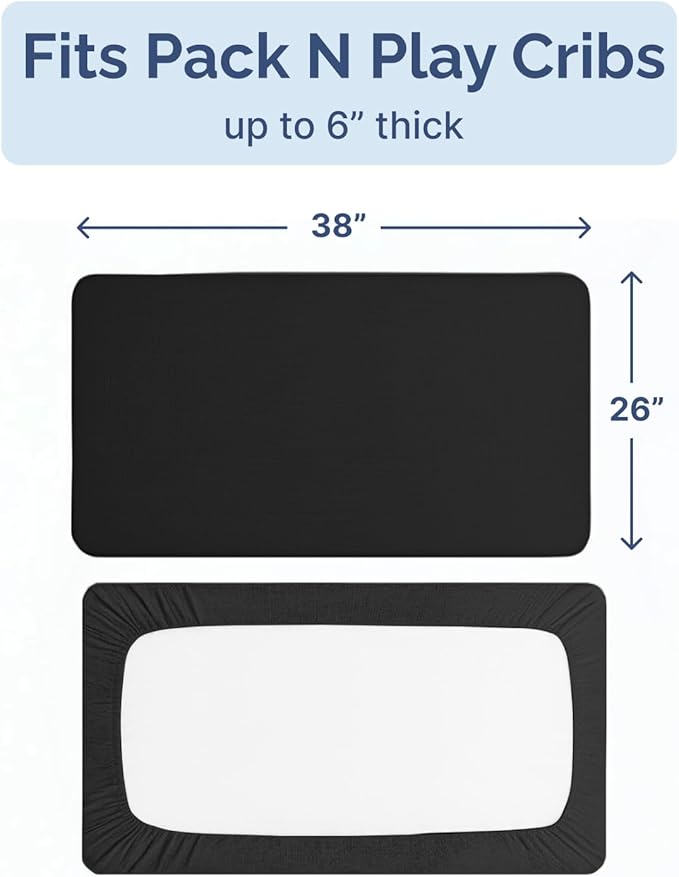 Pack and Play Sheets Fitted - 2 Pack Mini Crib Sheets for Pack N Play Mattress - Unisex Playard Microfiber Bedding for Boys & Girls - Soft, Breathable & Wrinkle Free - Oeko-Tex, 38 x 26in - Black Duo