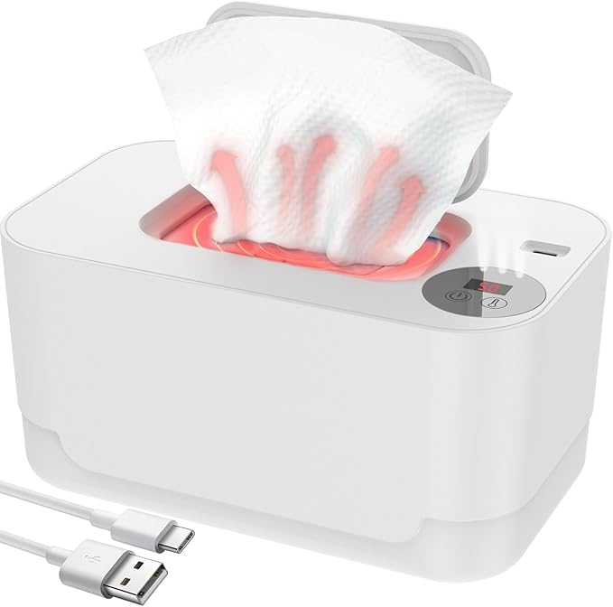 Baby Wipe Warmer with LED Light, 104-131°F Adjustable Baby Wipe Warmer Dispenser Portable Wipe Heater Warmer USB Powered Wet Wipes Warmer D Keeps Wipes Warm and Moist for Baby(White)