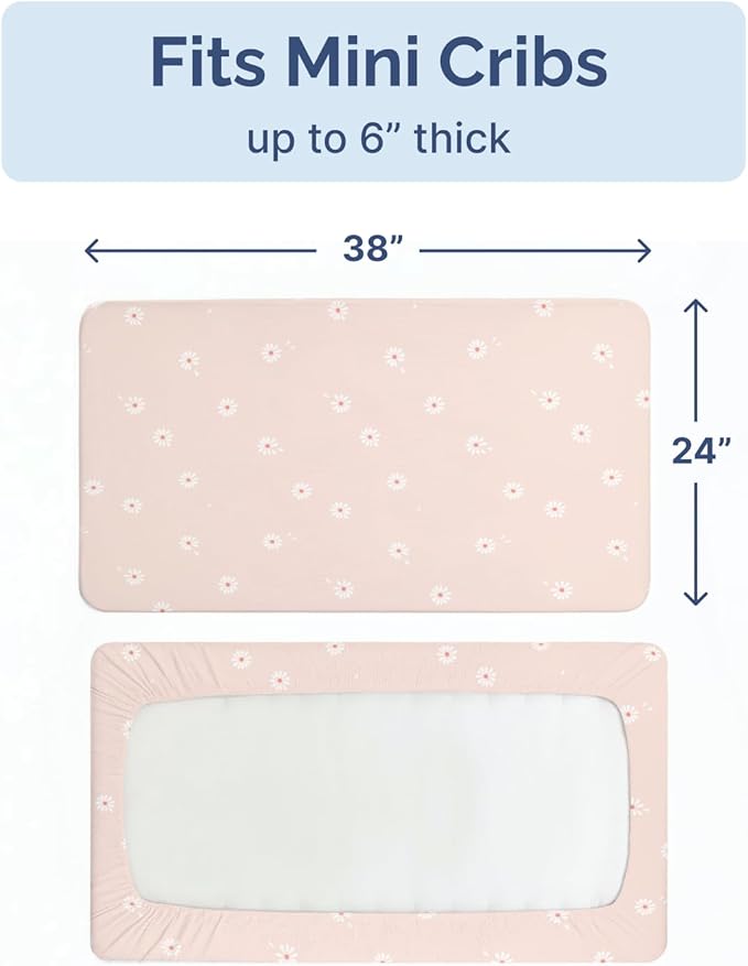 2-Pack Mini Crib Sheets Fitted - Pack N Play Sheets for Pack and Play Mattress - Stretchy Soft Microfiber Playard Bedding - Mini Toddler Bed Cover for Boys and Girls - Oeko-Tex - 38 x 24in, Daisy's