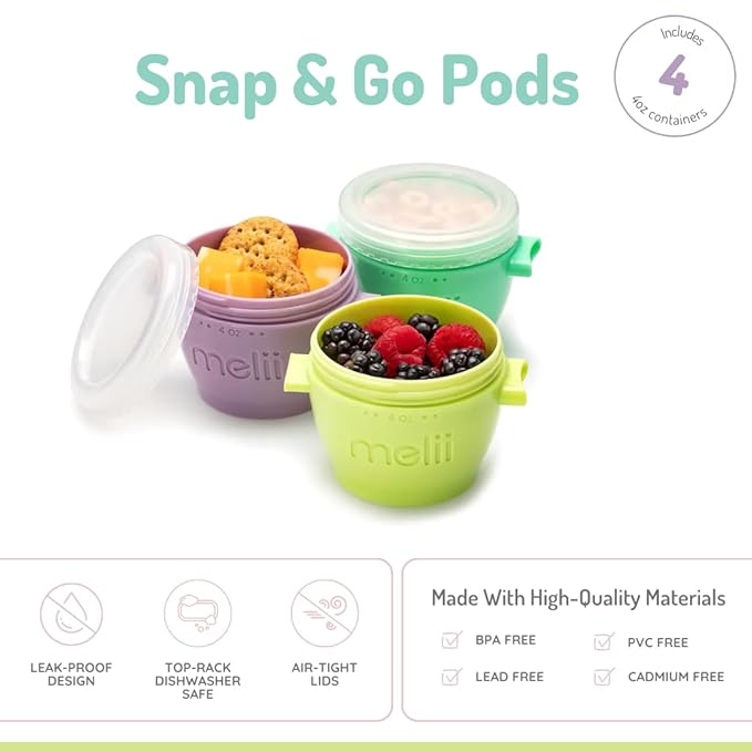 melii Snap & Go Baby Food Storage Containers | 4 Pack 4 oz, Stackable Snack Containers with Airtight Lids, BPA-Free, Reusable Cups for Baby Food, Snacks & Meal Prep