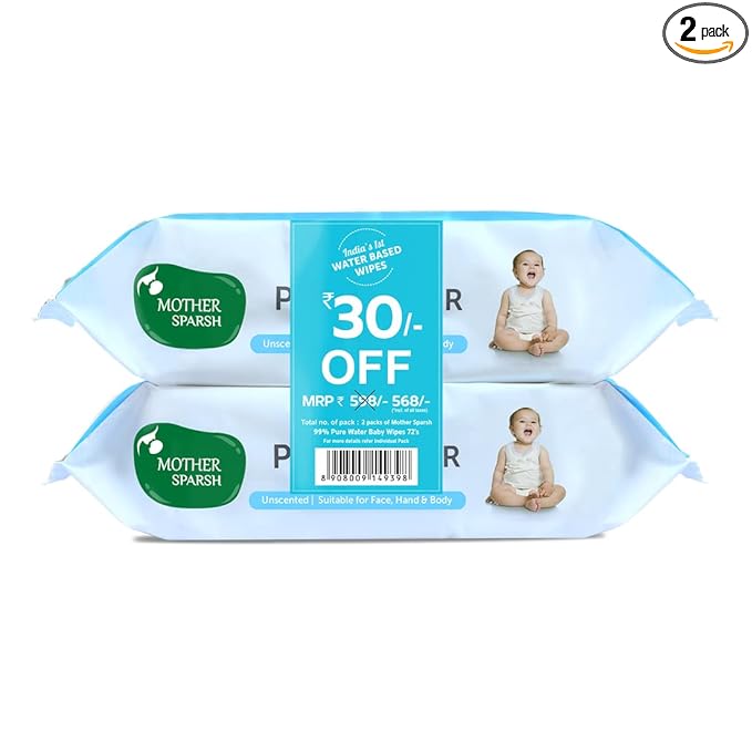 Mother Sparsh 99% Pure Water (Unscented) baby wipes I Natural Plant made cloth - Super thick I 72 pcs/pack - Pack of 2 (Super Saver Pack)