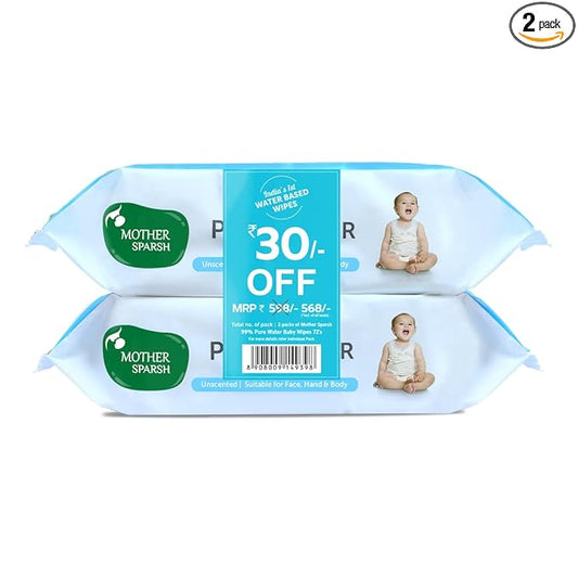 Mother Sparsh 99% Pure Water (Unscented) baby wipes I Natural Plant made cloth - Super thick I 72 pcs/pack - Pack of 2 (Super Saver Pack)