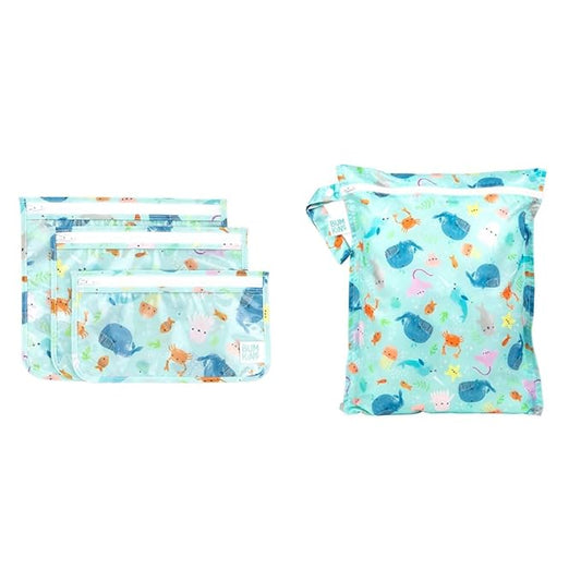 Bumkins 3-Piece TSA Approved Clear Travel Bags and Waterproof Wet Bag for Baby Diapers, Swimsuits, Toiletries, Accessories, Ocean Life Blue
